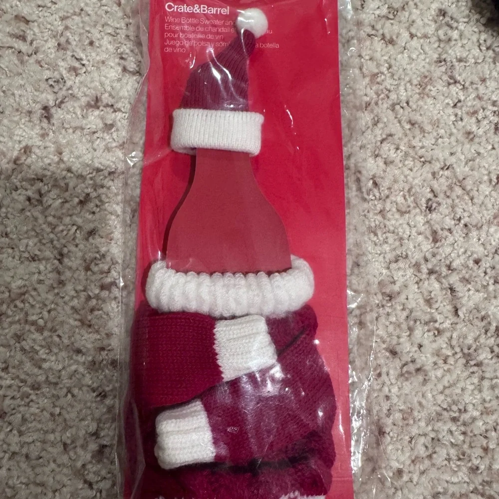 Crate&Barrel Red and White Santa wine Bottle Cover
